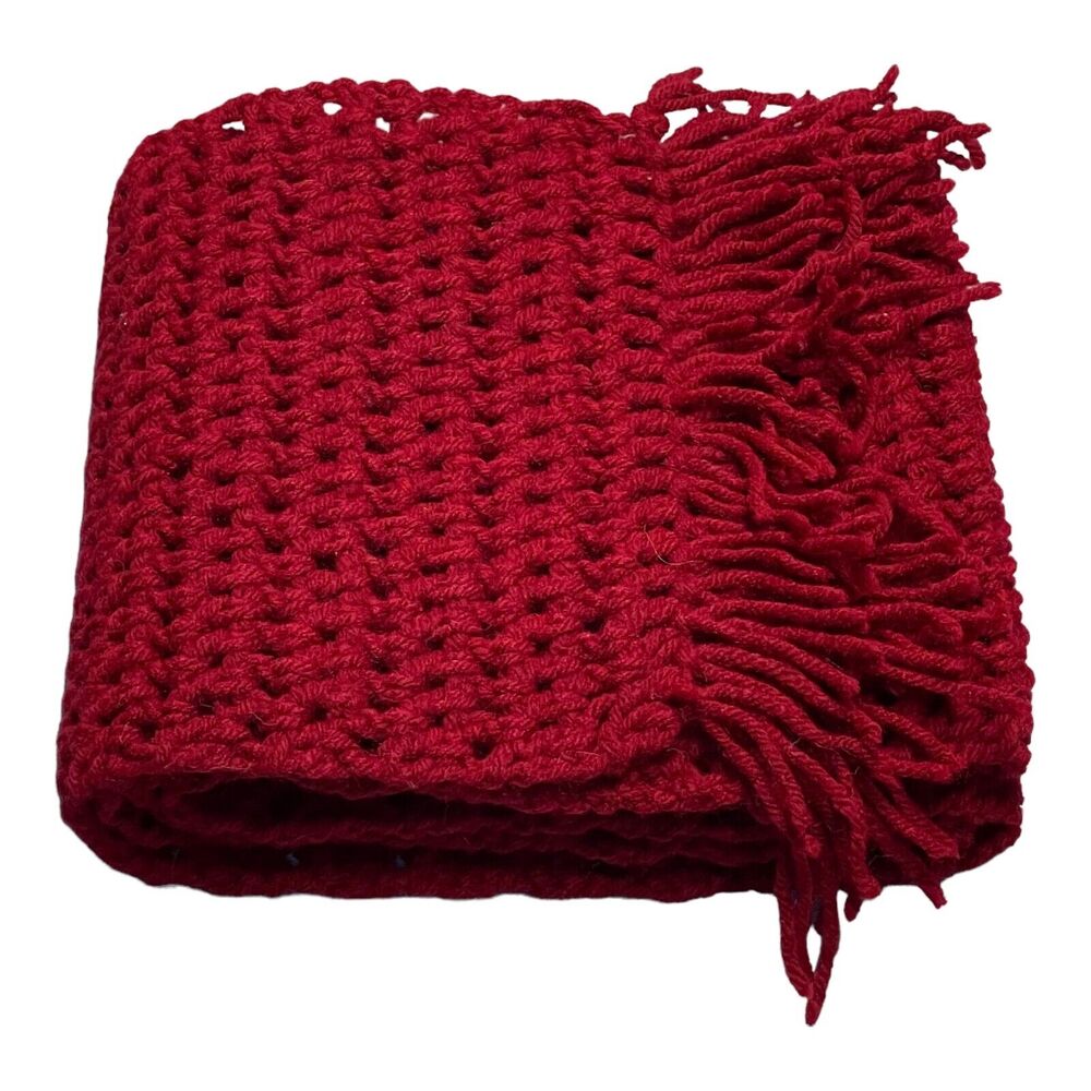 Women's Red Fringed Detail Boho Cozy Handmade Woven Crochet Rectangle Scarf - Picture 6 of 6